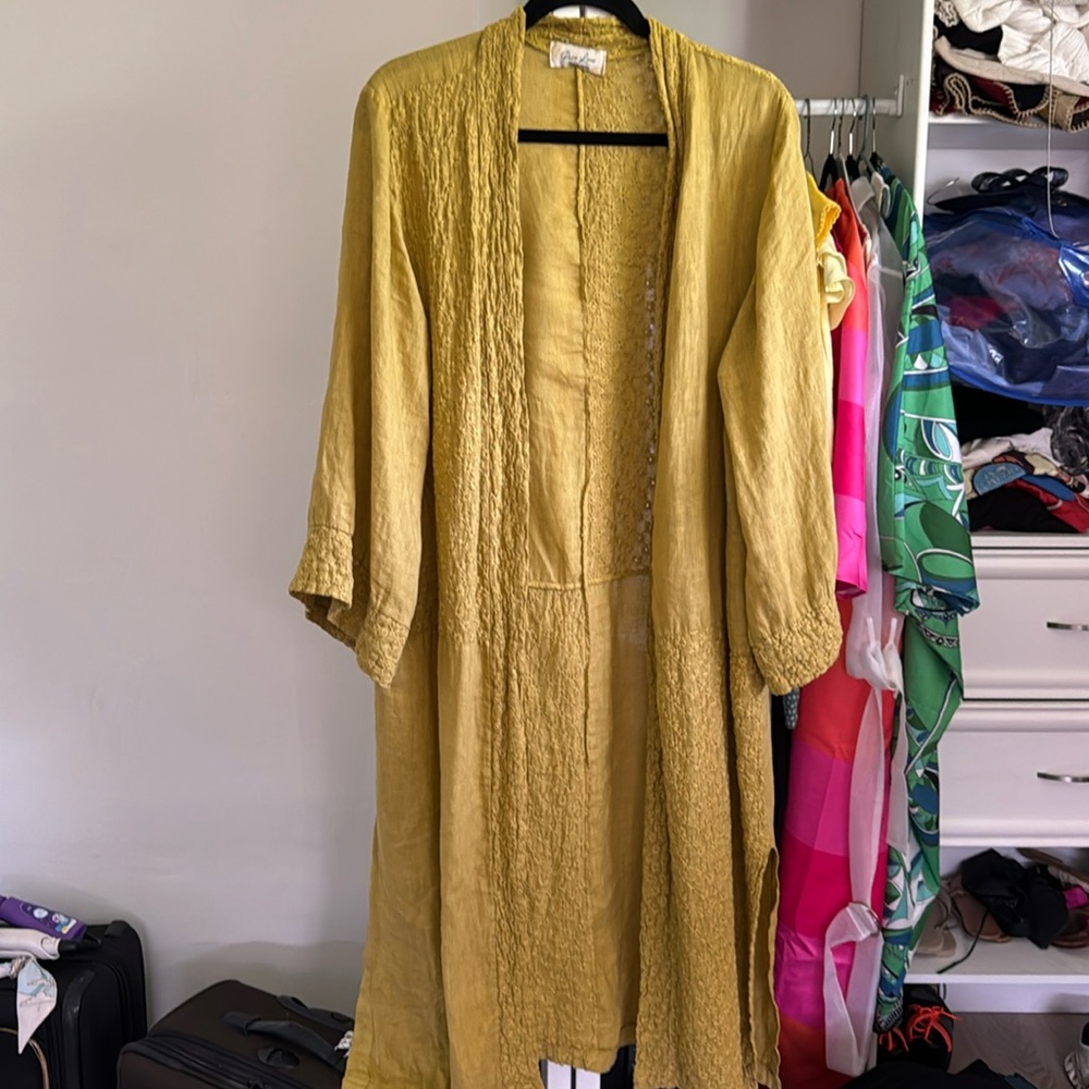 Duster, made in Italy 100% linen. Mustard one size, L. Never worn.
